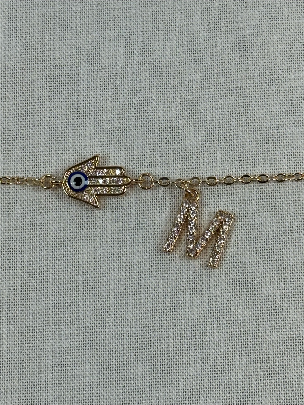 Gold Tone Hamsa Evil Eye Rhinestone M Initial Charm Bracelet